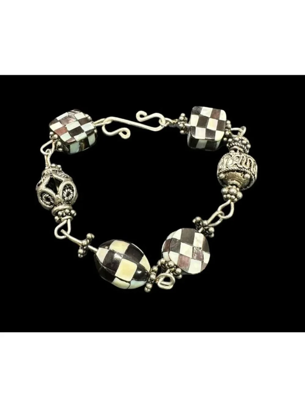 Bracelet Vintage Sterling Silver Geometric Multi Gemstone Inlay Panel Link